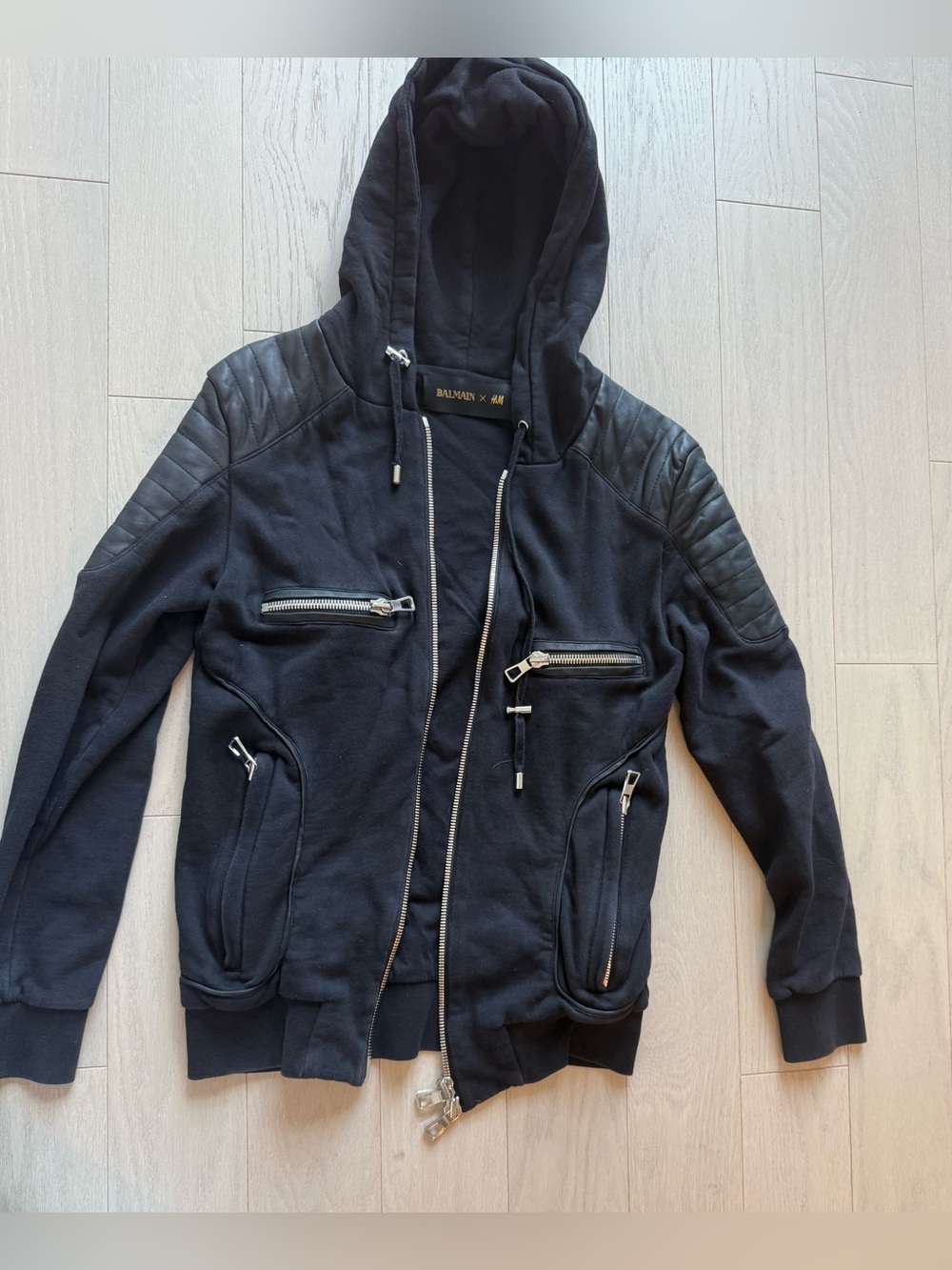 Balmain x HM Women Black Quilted-Shoulder Zip Hoodie